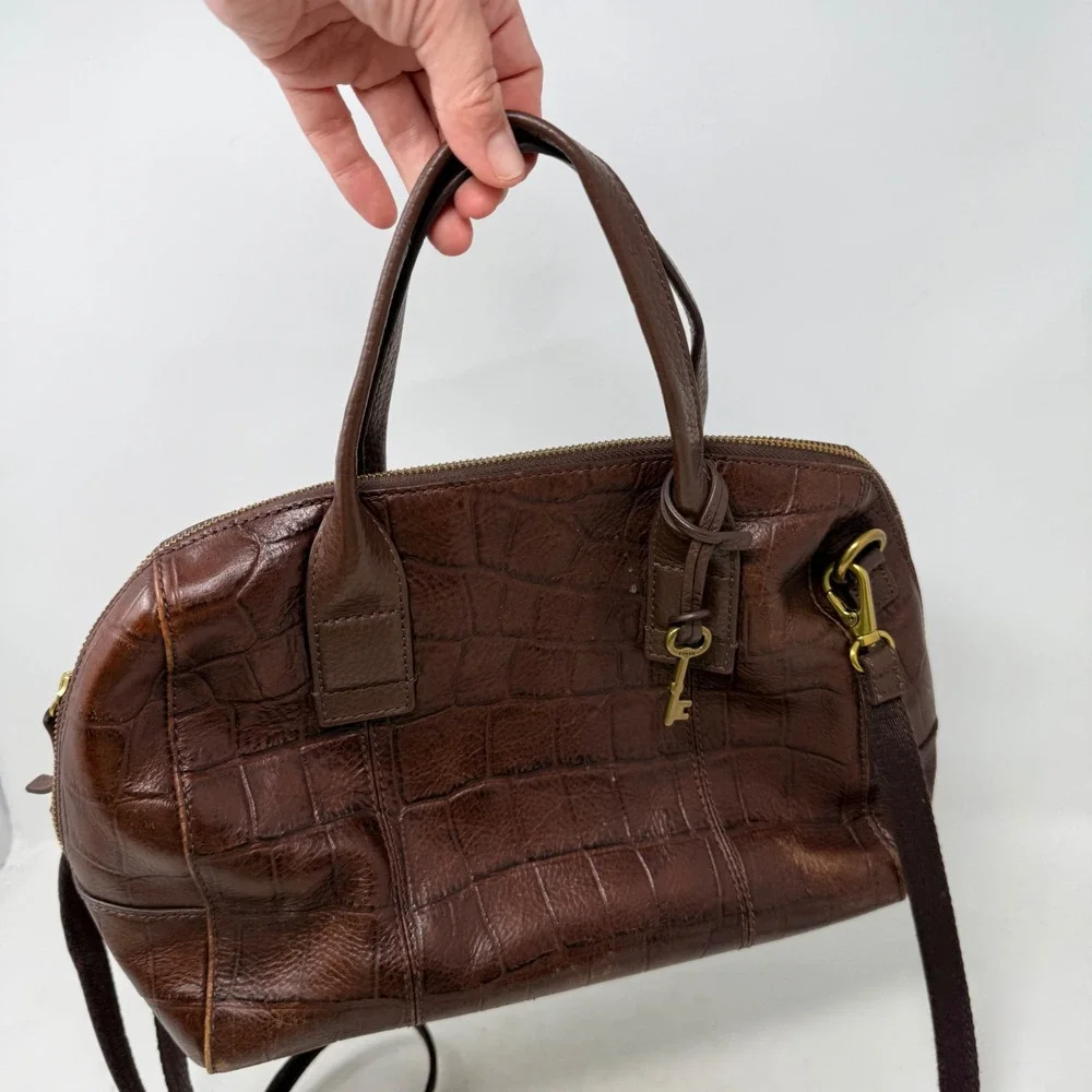 Vintage Fossil Satchel Brown Medium Croco Embossed Leather Crossbody Bag